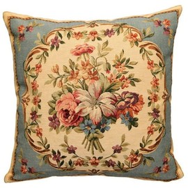Yapatkwa Belgian Tapestry, Classic French Flower Bouquet, Blue, Decorative Woven Aubusson-Style Tapestry Pillow/Cushion Cover, 18" x 18"