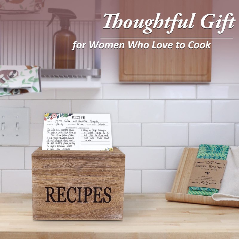 feasteery Recipe Box,100 Recipe Cards with Dividers,100 Card Protectors,Rustic Wood