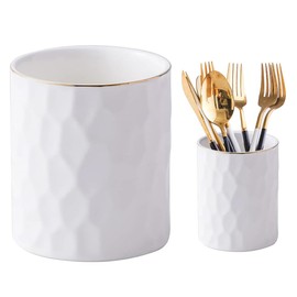 Kitchen Utensil Holder, 7.2"+4" Ceramic Cooking Utensil Holder for Countertop, Large Utensil Crocks for Kitchen Counter, Morden Utensil Organizer for Spatula,Sliverware, Set of 2 (White)