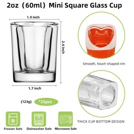 25Pcs 2oz Heavy Base Shot Glasses Sets,6pcs Cute Heart Shaped Clear Tequila Shots,Mini Square Shot Glass, Espresso Shot Glass (25)