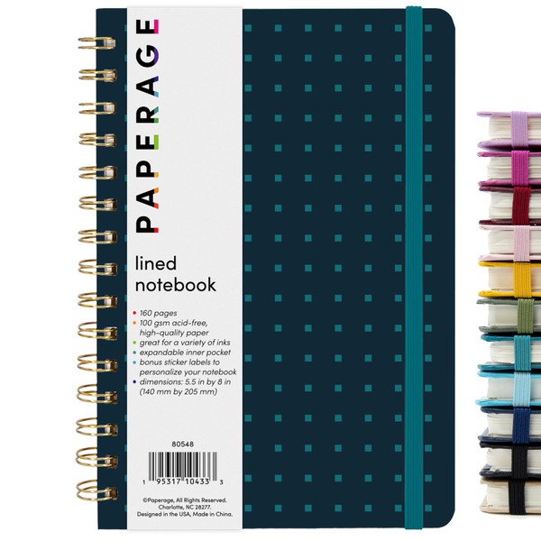 PAPERAGE Lined Spiral Journal Notebook, (Navy/Turquoise Dot), 160 Pages, Medium
