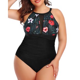 Aqua Eve Plus Size Women One Piece Swimsuit Tummy Control Bathing Suit High Neck Swimwear Black Floral 12W