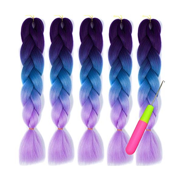 Eyand 5 x Jumbo Braid Synthetic Kanekalon Braid Hair Extensions - 100 g / PC 24 Inch Ombre Braiding Hair Braid Crochet Twist Braid Hairstyle (Purple/Blue/Light Pruple)