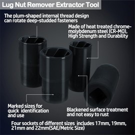 LEONTOOL Lug Nut Socket Set Lug Nut Remover Extractor Tool Twist Socket Set 1/2" Drive 5pcs Nut and Bolt Extractor Set Metric Bolt and Lug Nut Extractor Socket Tools Locking Wheel Lug Nut Remover Kit