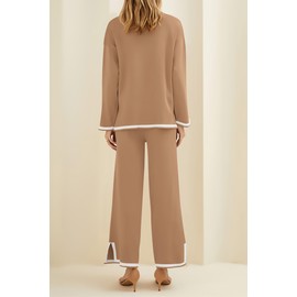 PRETTYGARDEN Women's 2 Piece Fall Knit Sweater Set Long Sleeve Tops Wide Leg Pants Sweatsuit Tracksuit Outfit Winter Clothing (Khaki,Large)