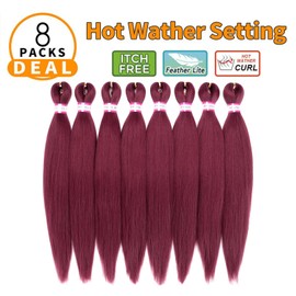 Burgundy Braiding Hair Pre Stretched 20 Inch 8 Packs Braiding Hair Extensions for Crochet Box Braids Twists Locs Hair Itch Free Soft Yaki Texture Hot Water Setting (20inch,#Burgundy)