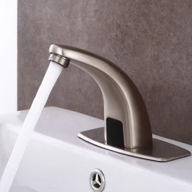 Fyeer Automatic Touchless Bathroom Faucet, Motion Sensor Activated Hands Free Brush Nickle Sensor Mixer with Deck Plate