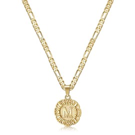 KissYan Initial Necklace for Women,14K Gold Plated Round Letter Pendant Necklace Capital Monogram Necklace Alhpabets from A-Z Figaro Chain Necklace(Gold M)