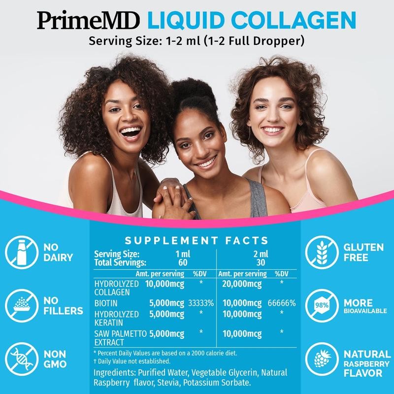 PrimeMD Liquid Collagen Biotin Keratin Saw Palmetto Supplement Drop -