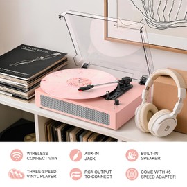 Bluetooth Vinyl Record Player 3-Speed Turntable with Built-in Stereo Speakers, Belt-Drive,RCA Output, AUX in, Auto Stop, Vintage Pink LP Player