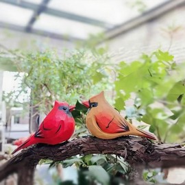 Small Carved Wooden Northern Cardinal Figurines, 3PCS Handmade Male and Female Cardinal Birds with Base Sculpture Craft Set, 3.9" L Cute Couple Birds Statues Home Decor Art Carving Work