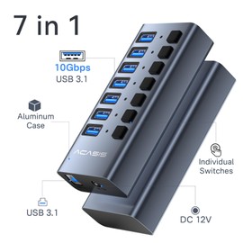 Powered USB 3.1 Hub, ACASIS 7 Ports USB 3.1 Hub with 10Gbps Data Speed，Aluminum Housing, USB Hub Powered with 24W Power Adapter, USB Hub for PC/Laptop, Computer, Flash Drive, Printer, Camera