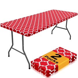 Smiry 2 Pack Rectangle Table Cloth 6 Foot, Waterproof Elastic Fitted Tablecloths, Windproof Washable Polyester Table Cover for Picnic, Camping, Outdoor (Red, 30"x72")