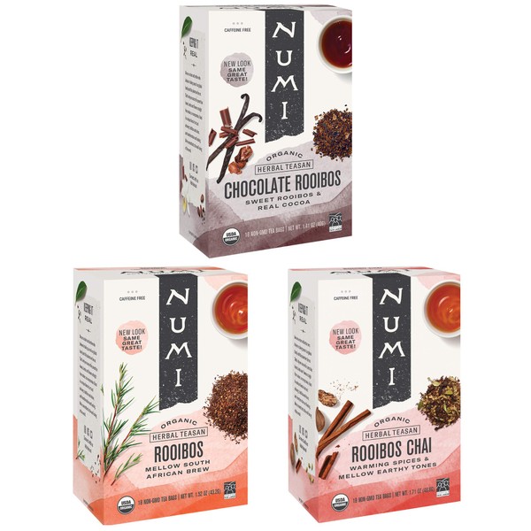 Numi Organic Rooibos Tea Variety Pack, 18 Tea Bags (Pack of 3), Chocolate Rooibos, Rooibos Chai, Rooibos (Packaging May Vary)