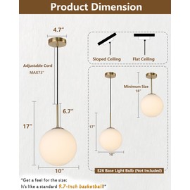 WillWant 10" Globe Milk Glass Pendant Light, Mid Century Vintage Hanging Light Fixture for Dining Room, Bedroom, Kitchen Island Lighting, Brushed Brass Gold