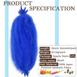 Afro Twist Hair Pre Separated Springy Afro Twist Hair Pre stretched Wrapping Hair for Soft Locs Afro Spring Twist Hair Marley Twist Braiding Hair Extensions (16 Inch (Pack of 3),BLUE#)