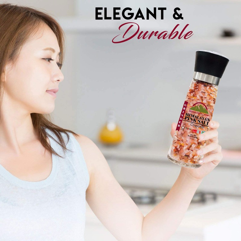Himalayan Chef Pink Salt with Chipotle, Tall Glass Grinder, 10.58