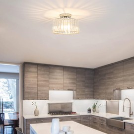 Crystal Ceiling Light Fixture, Chrome Close To Ceiling Light Fixtures, Modern Semi Flush Mount Ceiling Light, Hallway Lighting Fixture Chandelier for Bathroom Bedroom Porch Kitchen Living Room, 11in