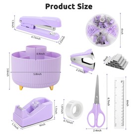 Office Accessories, 10Pcs, 360-Degree Rotating Pen Holder, Office Supplies Include Stapler, Tape, Tape Holder, Scissors, Ruler, Staple Remover, 1 Box of Staples, Paper Clips Kit for Office School