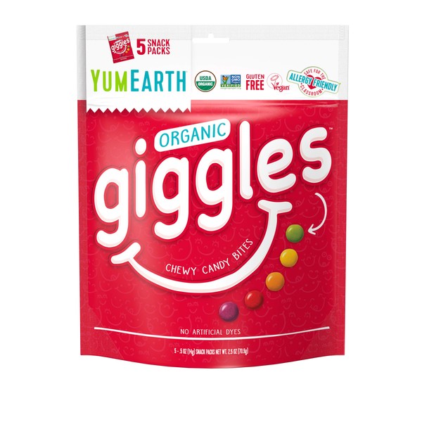 YumEarth Organic Fruit Flavored Giggles Chewy Candy Bites, 60- 0.5oz. Fruit Flavored Snack Packs, Allergy Friendly, Gluten Free, Non-GMO, Vegan, No Artificial Flavors or Dyes,0.5 Ounce (Pack of 60)