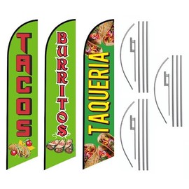 Tacos Burritos and Taqueria Mexican Restaurant Advertising Feather Flag Kits Package, Includes 3 Banner Flags, 3 Flag Poles, and 3 Ground Stakes