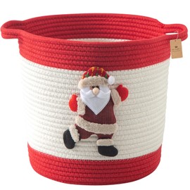 HomeyPine Christmas Basket with Santa Claus Doll, Woven Cotton Rope Storage Basket for Baby, Nursery Hamper with Handles, Red Storage Baskets for Nursery, Kids Room Organizer, Cat Dog Toy Storage