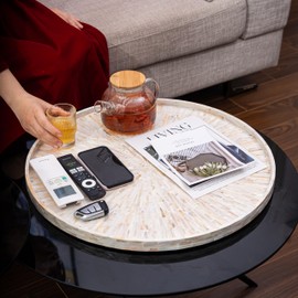 PEMAR 22" Round Mother of Pearl Extra Large Ottoman Tray with Raised Edge, Oversized Decorative Luxury Wooden Serving Tray for Food, Coffee Table, Breakfast in Bed (White Cream Sunlight)