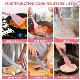 LSFCHUJU 37 PCS Kitchen Utensils Set, Silicone Cooking Utensils Set with Knife Set and Holder, Wooden Handle Kitchen Tool Set (Pink)