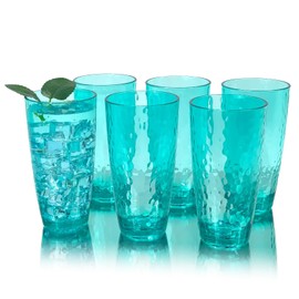 yongzhenlite Set of 6 26-Ounce Large Acrylic Glasses Plastic Tumbler/Drinking Water Cups for Home Party,Hammered Style,BPA Free,Dishwasher Safe(Teal)