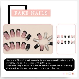 Black French Tip Press on Nails Medium Square Fake Nails Acrylic Artificial False Nails with Gold Glitter Designs Full Cover Stick on Nails Glossy Glue on Nails for Women