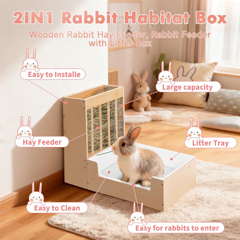 Essenhome Extra-Large 2-in-1 Rabbit Litter Box & Hay Feeder Set,