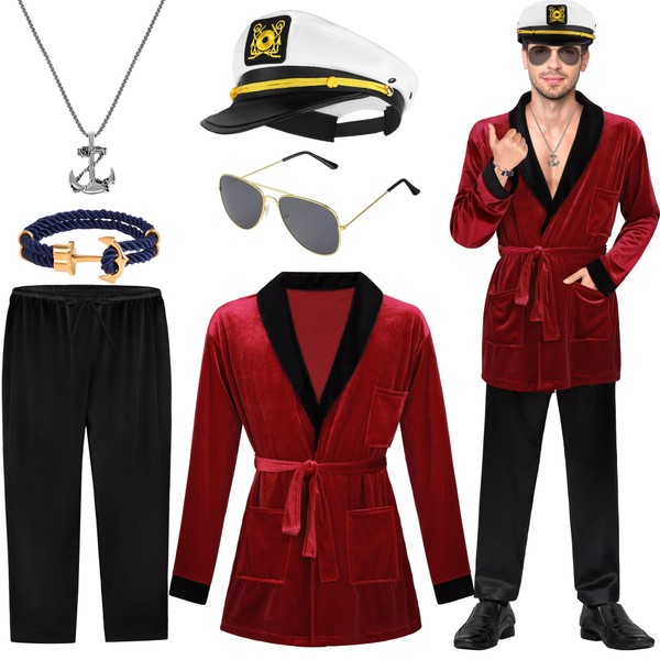 SOMSOC Halloween Red Silk Robe Jacket with Captain Hat Accessories