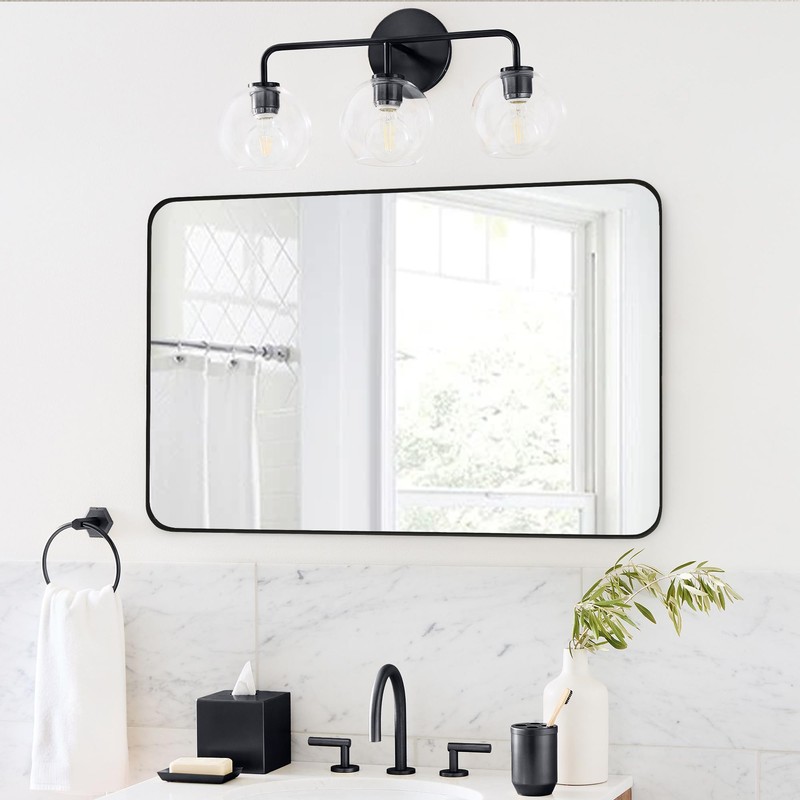 DUQIMO 24x36 Inch Black Framed Mirror for Bathroom, Rounded Rectangle