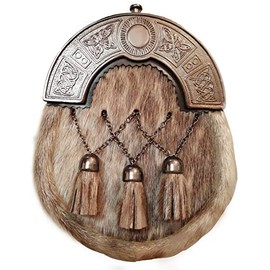 FULL DRESS FUR KILT SPORRAN GOLDEN/BROWN CROSS CHAIN 3 TASSLES, CHROME CELTIC CANTLE FOR MEN STRZ-018