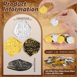 800 Pcs Plastic Pirate Coins Gold Treasure Coins Spanish Doubloon Fake St. Patricks Toy Coin for Kids Board Games Pirate Party Cosplay Teachers Classroom Reward (Gold, Silver, Bronze,Irregular)