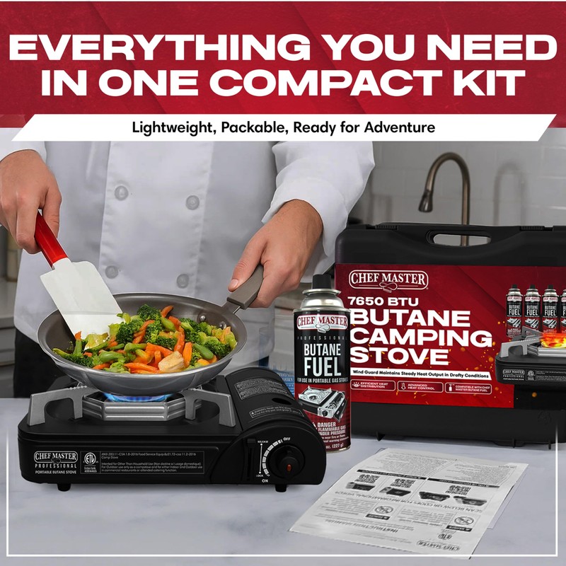 Chef Master Portable Butane Camping Stove, Piezo Ignition 7,650 BTU