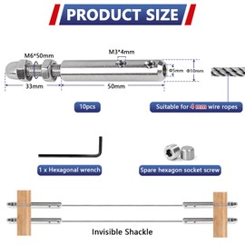 SUPAWAY Pack of 10 Wire Rope Terminals, Screw Terminal for Wire Rope 4 mm Rope Tensioner Stainless Steel with Threaded Pin and Allen Key Wire Rope Clamp for Fixing Tensioning Wire Ropes, Railing