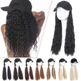 Hairro Hat Hair Extensions Baseball Cap With Hair Attached Synthetic Curly Corn Wave Wig With Hat Yaki Hair Extensions Natural Adjustable Cotton Made Black Hat with hair for Women #1 dark black
