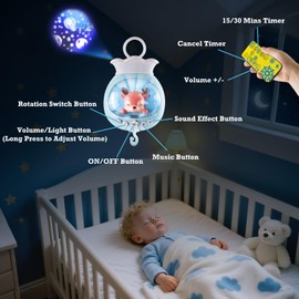KalaDuck Baby Mobile for Bed, Rotating Baby Mobiles with Music Box, Baby, Projection, Timing Function and Rattle Toy, Baby Mobile Holder for Boys Girls 0-12 Months (Blue)
