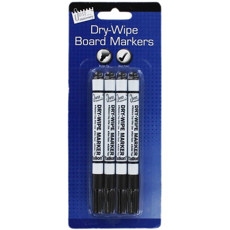 Just Stationary Dry Wipe Markers - Black (Pack of 4),