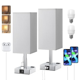 Set of 2 Grey Touch Table Lamp for Bedroom, Dimmable, USB C+A, 2 AC Outlets