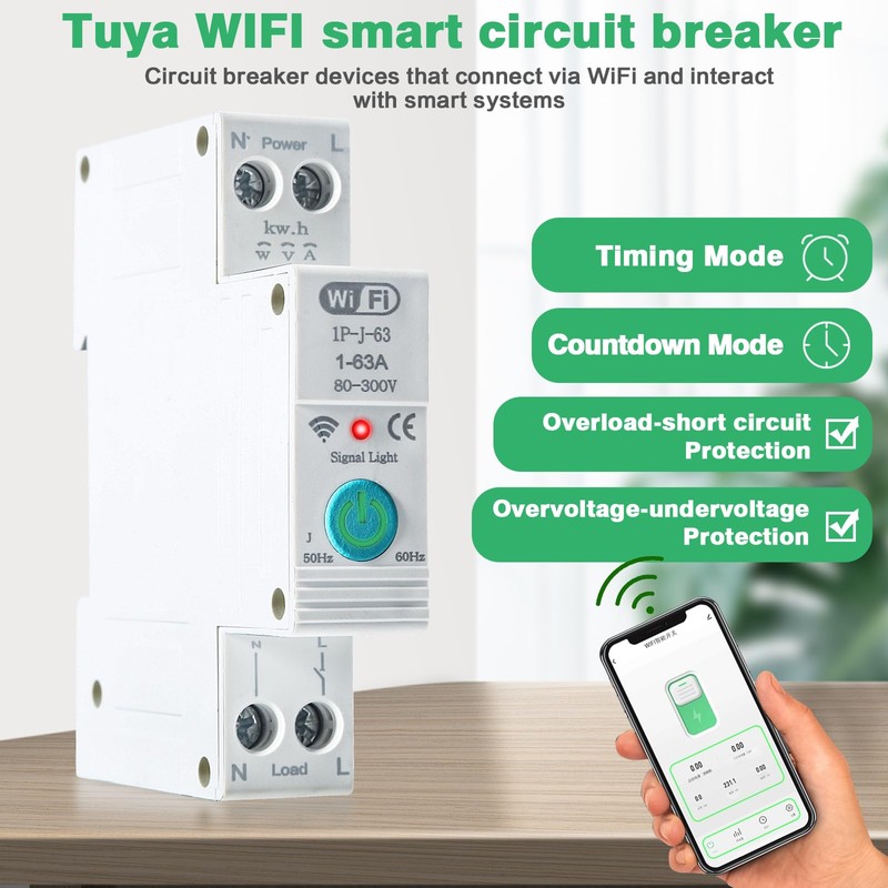 Jadeshay Tuya Smart WiFi Circuit Breaker, 1P 63A Switch, WiFi