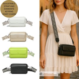 EMVY City Collection Crossbody Bag – Patterned Strap – Diamante Charm Keyring – Multiple Compartments – 12 Card Slots – Adjustable & Removable Strap – Travel & Everyday Use (Gold)