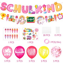 Elidepe Einschulung Mädchen, Einschulung Deko, Rosa Einhorn Schulanfang Deko Mädchen Set, Tortendeko Einschulung + SCHULKIND Banner + Zuckertüte Girlande + Schulkind Latex Luftballons + Papierstücke