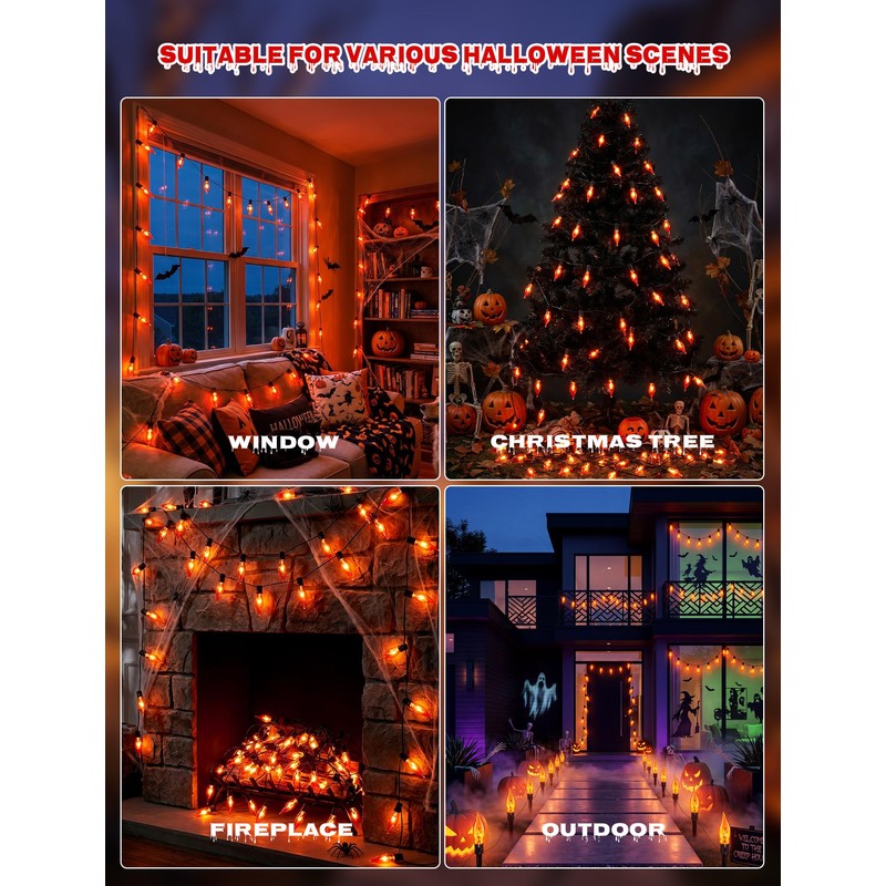 11.5Ft Halloween Flickering Flame Outdoor String Lights,10 Orange C18 Bulbs