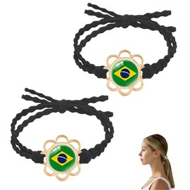 Black Elastic Hair Ties with Brazil Flag Beads - 2Pcs Bracelets Hair Ties No Damage for Thick or Thin Hair,Ponytail Holders Hair Bands Hair Accessories for Women Girls Soccer Clubs Rubber Bands