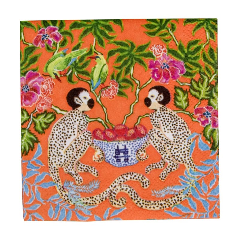Caspari Monkeys Paper Cocktail Napkins in Orange - 20 Per