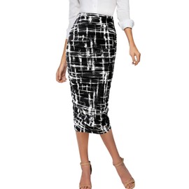 VFSHOW Womens Black and White Geometric Print Ruched Ruffle High Waist Casual Wok Office Party Pencil Midi Mid-Calf Skirt 3272 BLK S