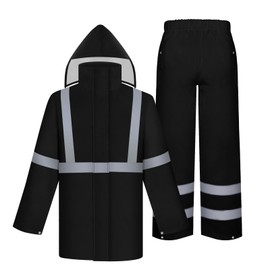 TCCFCCT Hi Vis Rain Jacket and Pants Rain Suits for Men Waterproof, High Vis Rain Coat with Hood, High Visibility Rain Gear for Safety Work, Class 3 Reflective raincoat for Outdoors, L-XL Black WP