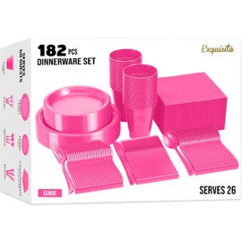 182 Pcs Hot Pink Plastic Plates For Party, Hot Pink Disposable Plates Set, 26 Of Each 9" Dinner Plate Set, 7" Dessert Plate, Cups, Napkins & Cutlery Plastic Dinnerware Exquisite